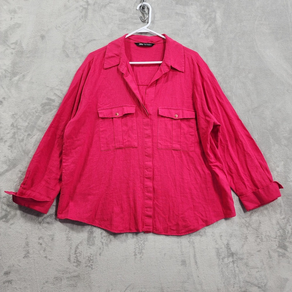 Zara Shirt Womens 2XL Pink Linen Blend Button Front Long Sleeve Pocket Utility